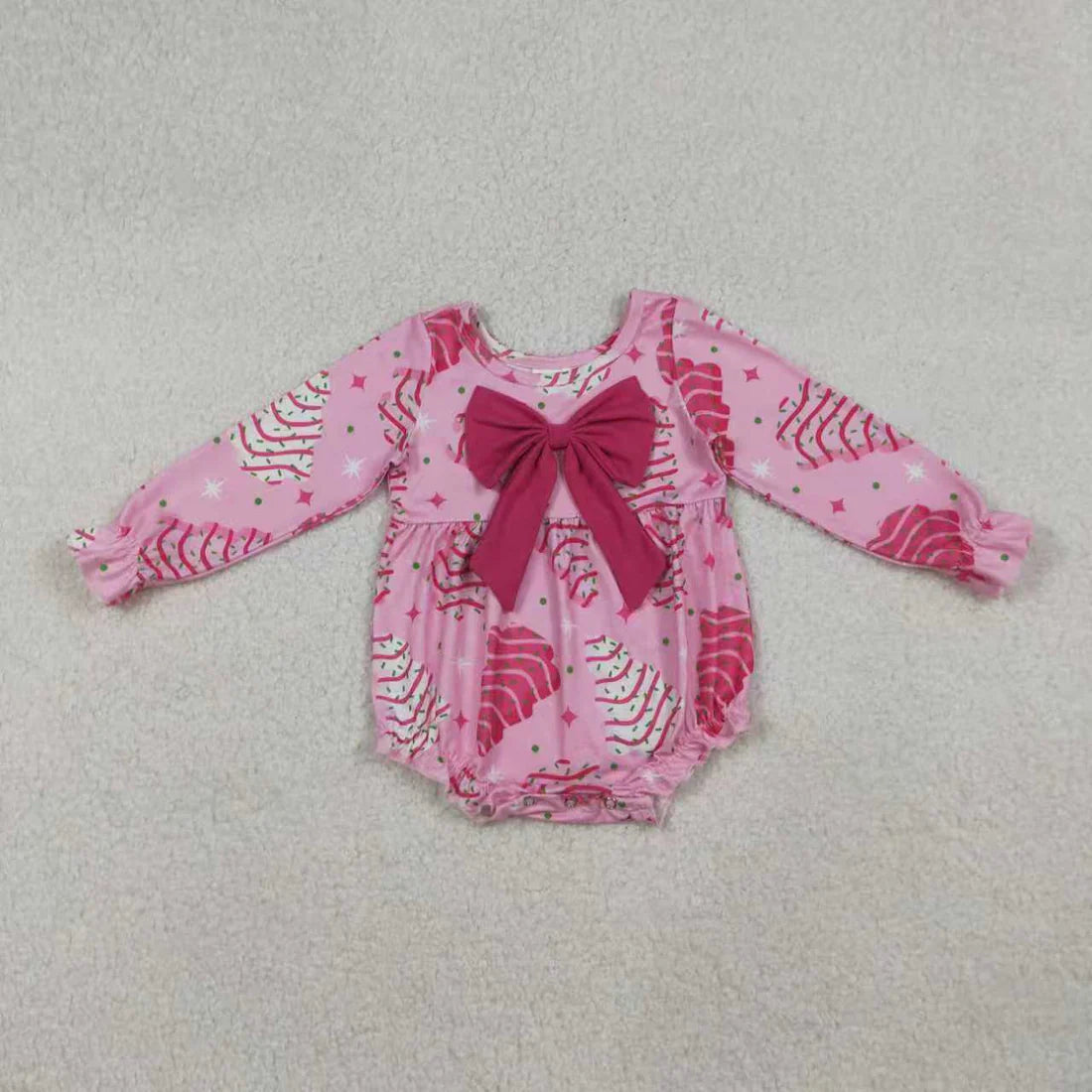 10.14 RTS Sibling Baby Girls Pink Stripe Trees Stars Bow Christmas Knee Ruffle Length Dresses Rompers