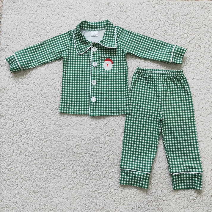 Baby Girls Embroidered Santa Claus Green Plaid Long Sleeve Long Pants Pajama Dress Set