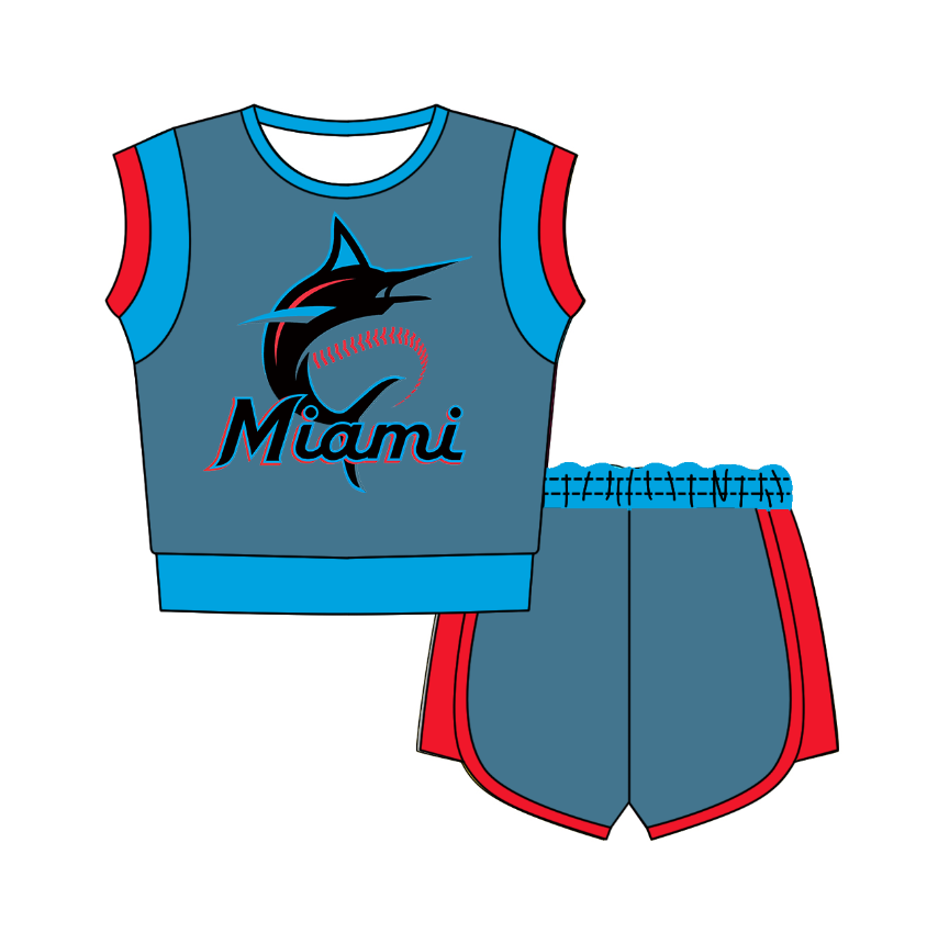CUSTOM MOQ 5 Cute Comfortable Clothing For Kids Baby Kids Summer Blue Rays Sleeveless Patchwork Top Shorts Clothes Sets