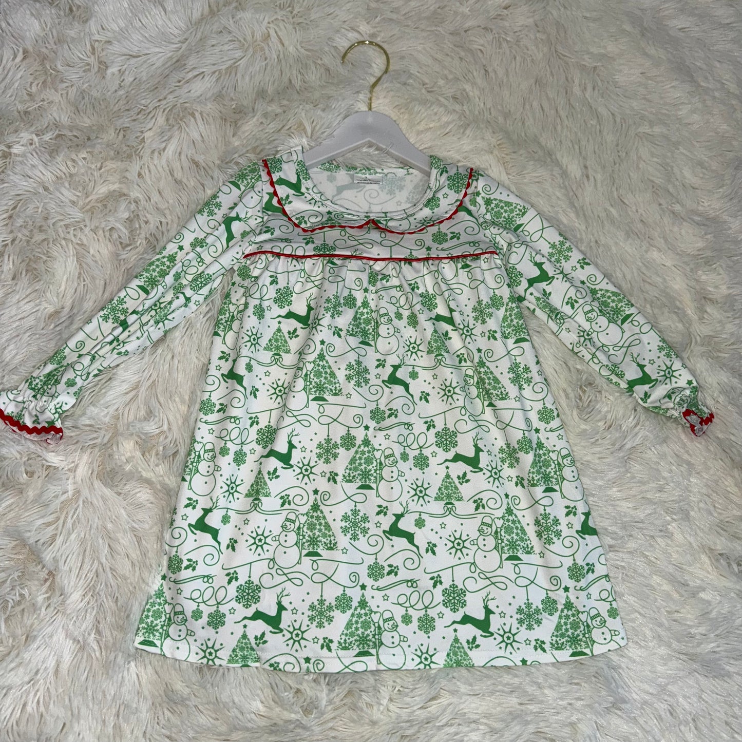 11.26 RST GLD1345 Baby Girls Green Deer Snowmen Christmas Knee Length Dresses