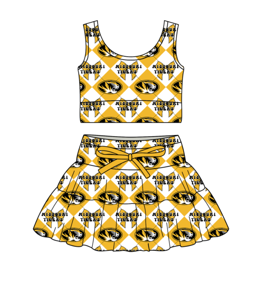 CUSTOM MOQ 5 Baby Girl Clothes Yellow Bow Plaid Top Skirts Yoga Active Team Clothes Sets