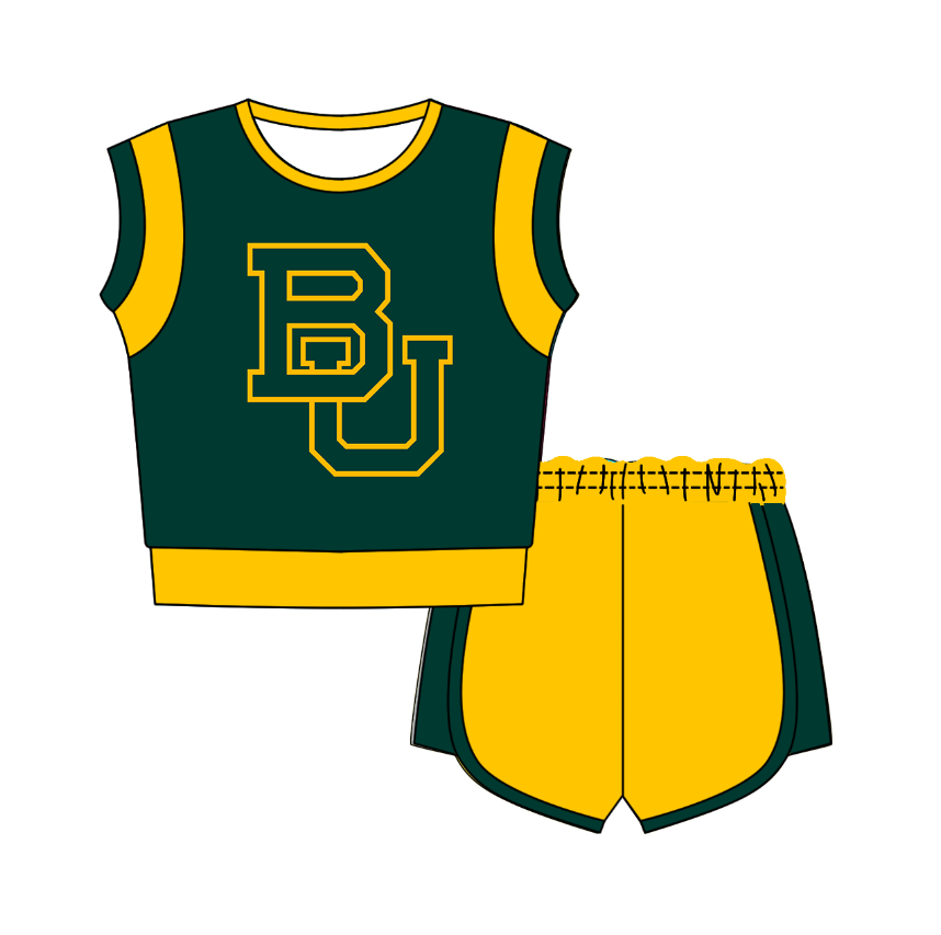 CUSTOM MOQ 5 Cute Comfortable Clothing For Kids Baby Kids Summer Green BU Rays Sleeveless Patchwork Top Shorts Clothes Sets