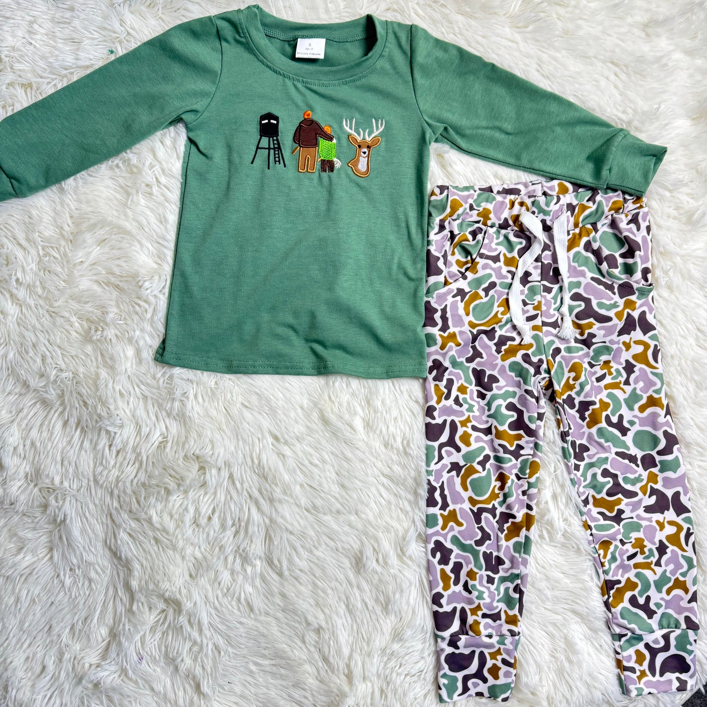 12.18 RST BT1438 + P0944 Embroidery Deer Baby Boys Hunting T-shirts Top Pockets Legging Pants Bottom