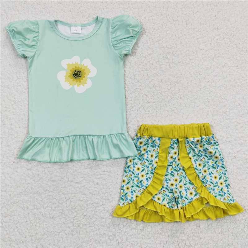 Baby Girls Green Flowers Shorts Clothing Sets