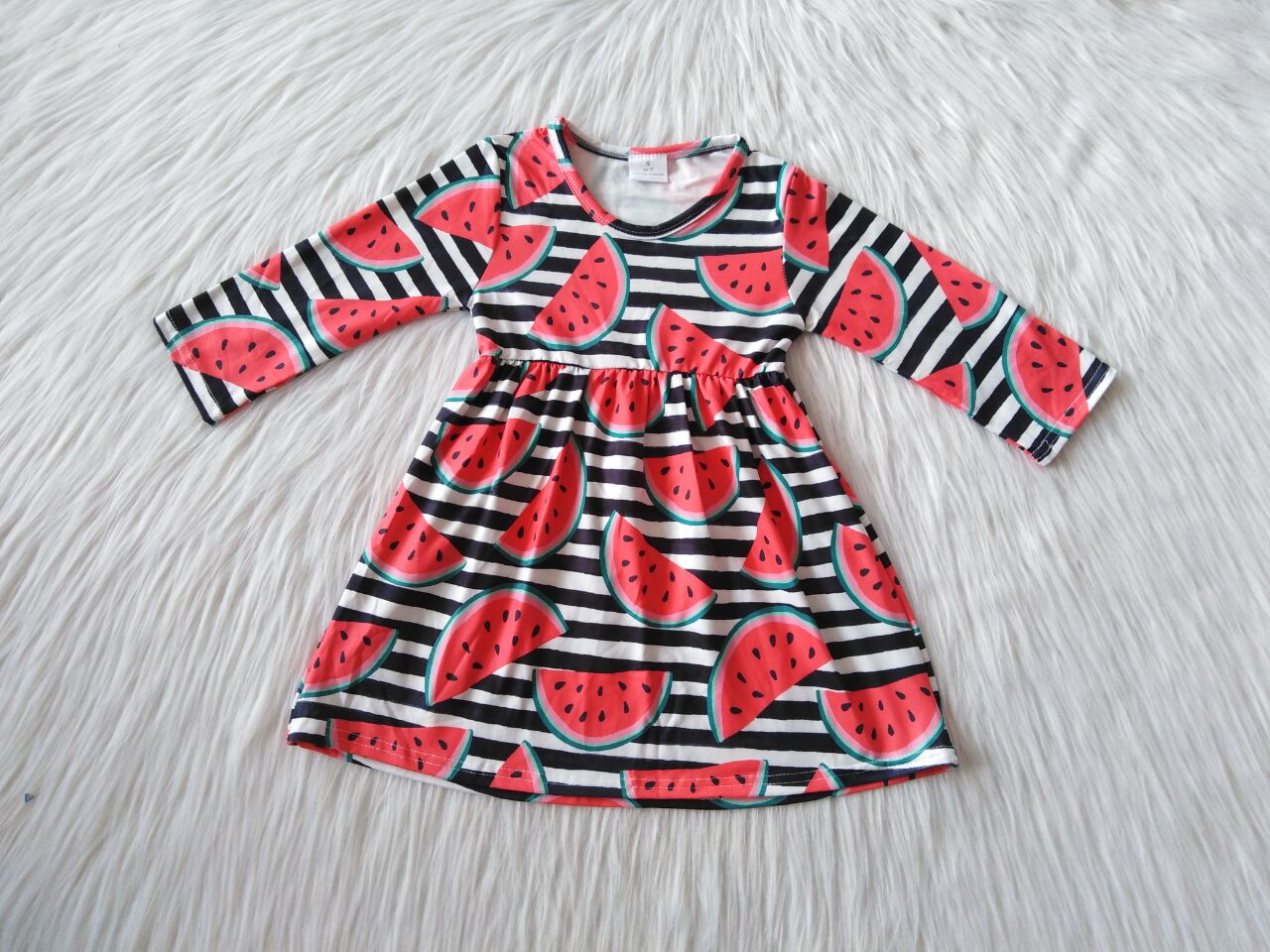 10.11 RTS NO MOQ(In stock)G1-3 Baby Girls Winter Dress Watermelon black and white striped long-sleeved dress