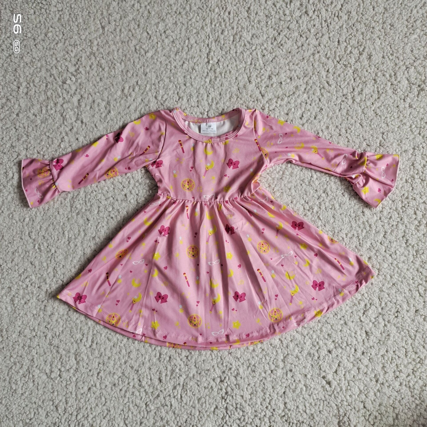 9.26 RTS NO MOQ(In stock)G3-12-/4 Baby Girls Winter Dress Pink long-sleeved dress with bow, stars and moon