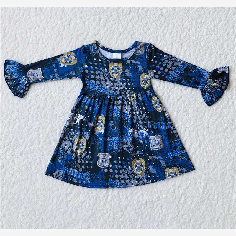 9.20 RTS NO MOQ(In stock)G3-8-1'' Baby Girls Winter Dress Blue spotted long sleeve dress