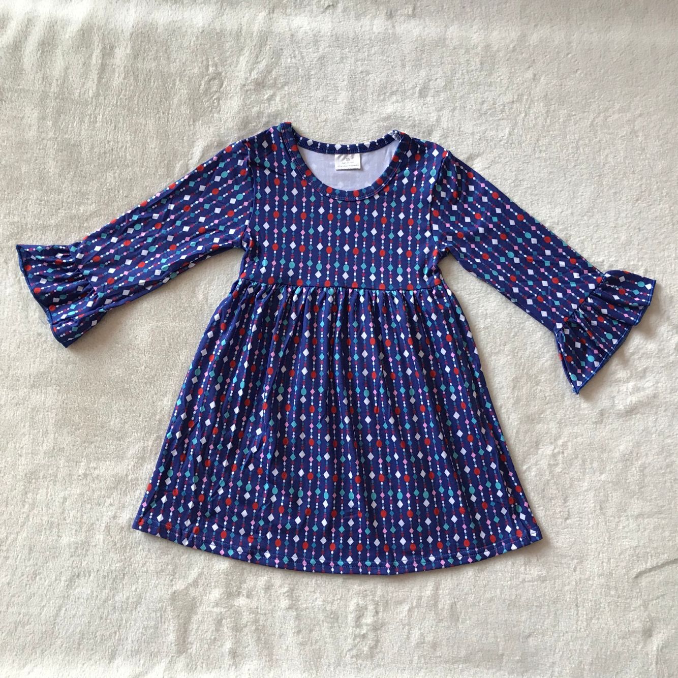 9.23 RTS NO MOQ(In stock)G3-12-6'* Baby Girls Winter Dress Dark blue long-sleeved dress with colorful pendants