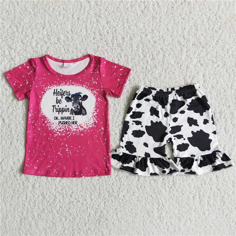 Red T-shirt heifer cow pattern Shorts sets