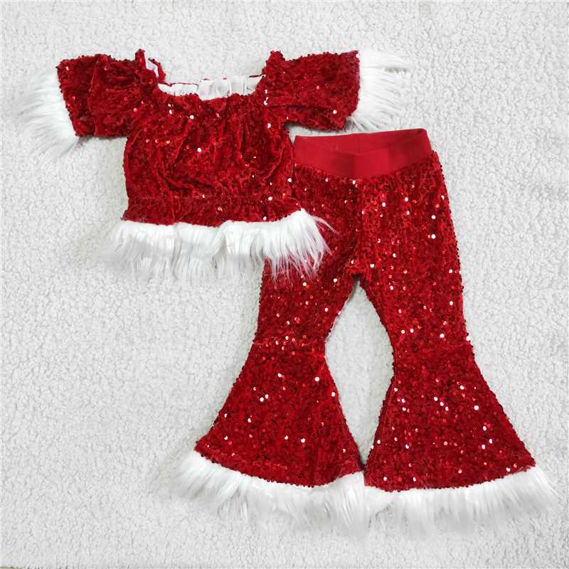 C7-23 Baby Girls red Christmas sequin fur pants sets