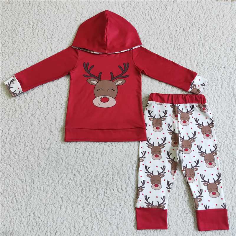 6 B1-24 Boys Deer red long-sleeved top, long pants and hooded suit 350g