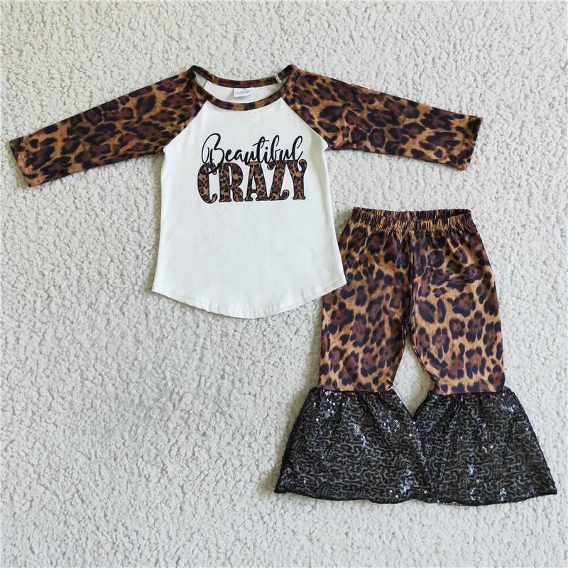 6 B2-14Beautiful crazy leopard shirt black sequin pants girls boutique outfits
