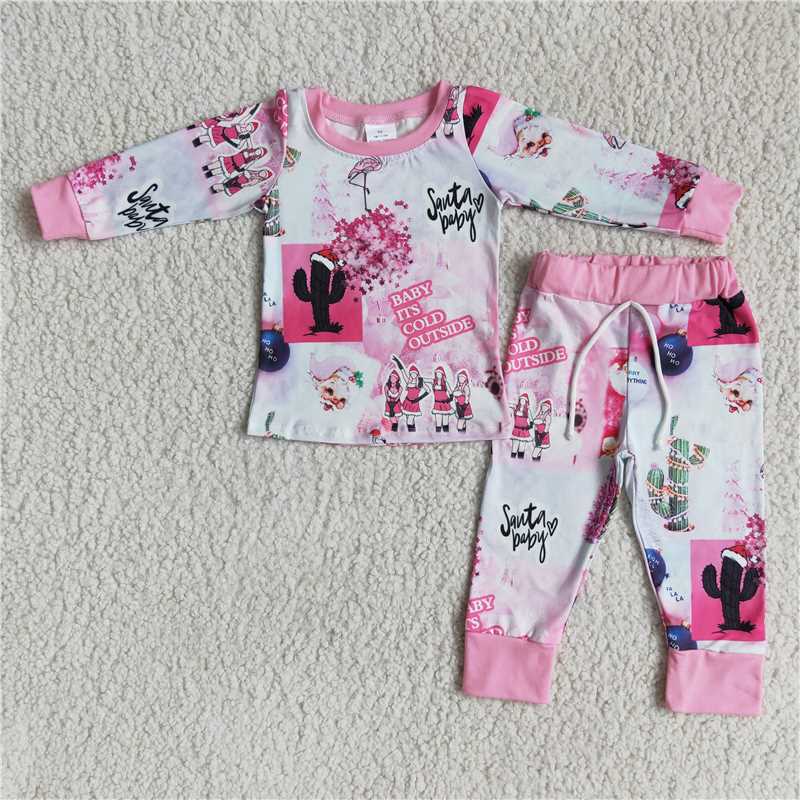 6 A17-4 Santababy Christmas hat pink long-sleeved trousers pajamas set