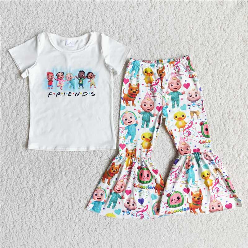 E13-4 Friends white shirt bell bottom pants toddler girls clothing set