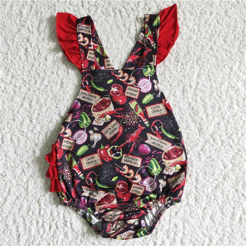B0-9 Baby girls summer crawfish ruffle bubble rompers