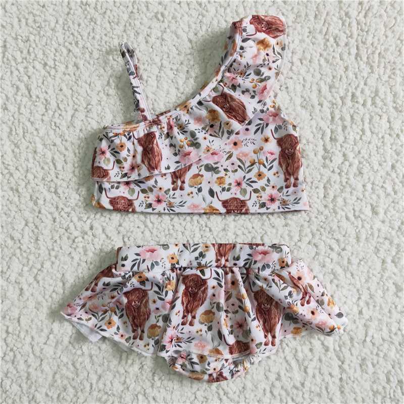 S0017 Baby Girls summer highland cow strap 2pcs swimsuits
