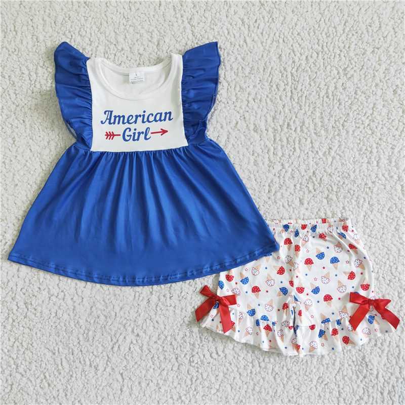 GSSO0042American girl blue shirt icecream shorts girls 4th of july outfits