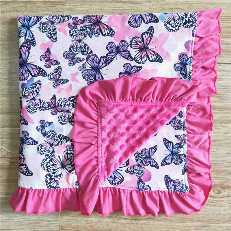 BL0010 Baby girls butterfly ruffle minky blankets