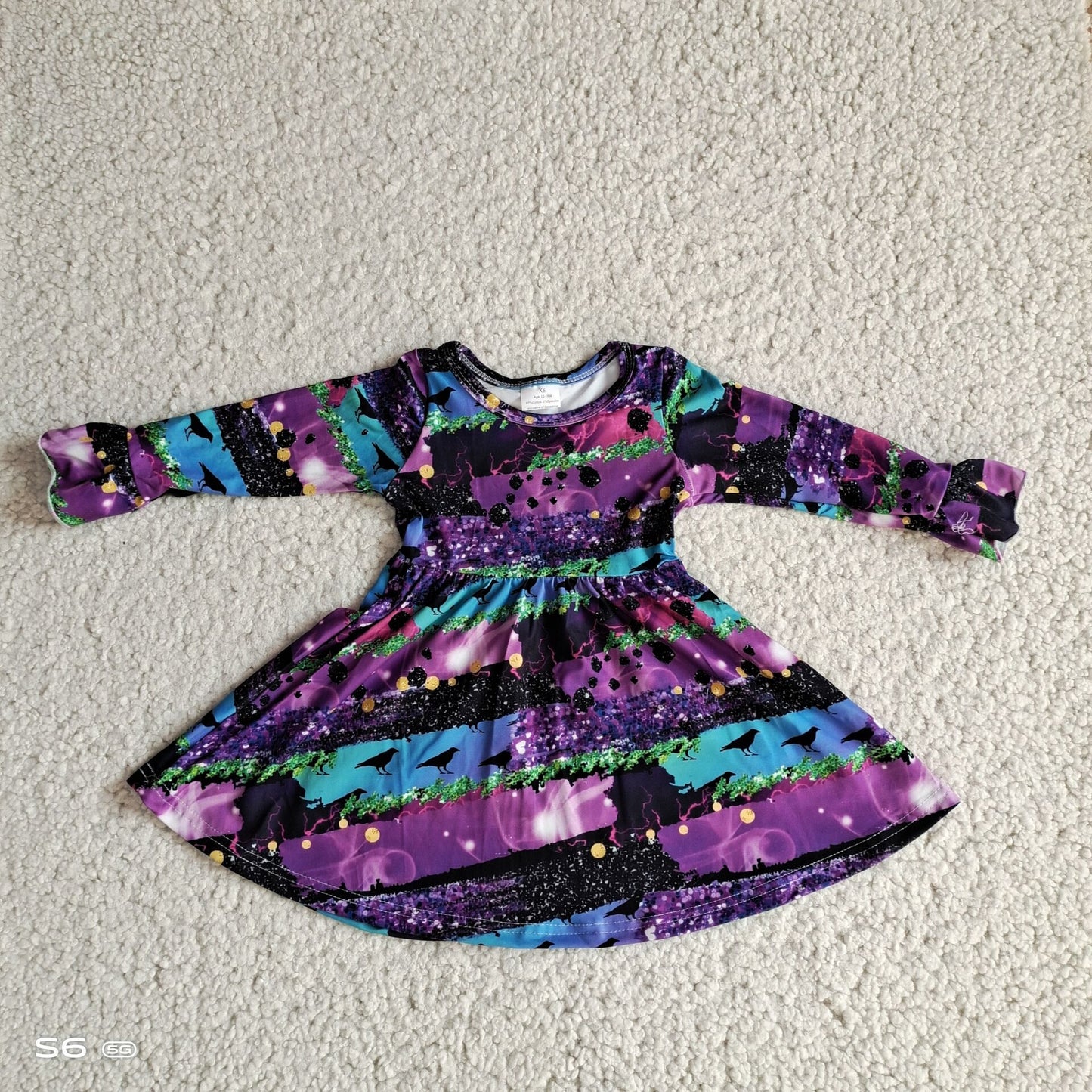 10.10 RTS NO MOQ(In stock)G2-20-9*,.. Baby Girls Winter Dress Night view moon purple green long sleeve dress