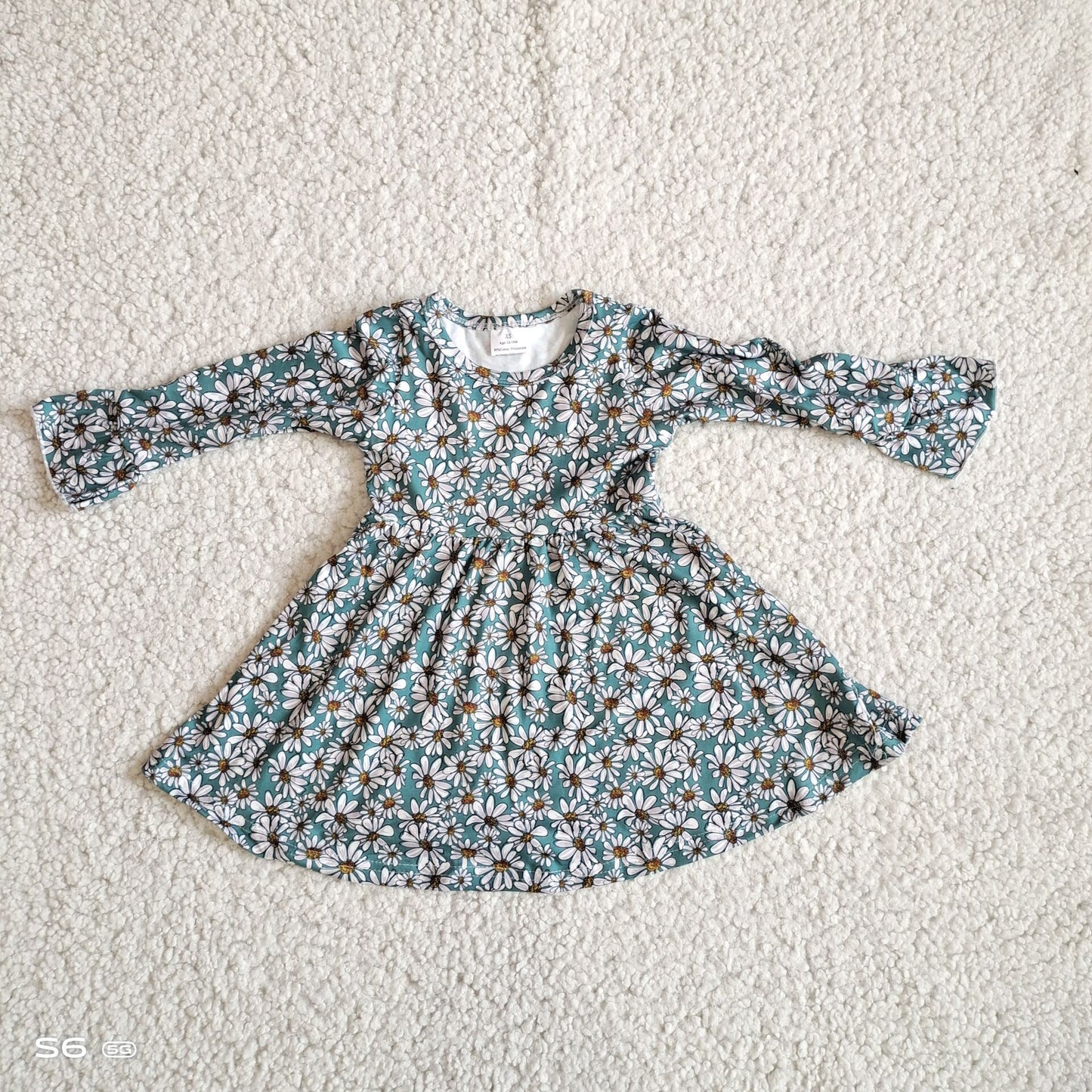10.10 RTS NO MOQ(In stock)G2-20-2,'. Baby Girls Winter Dress Off-white chrysanthemum dark green long-sleeved dress