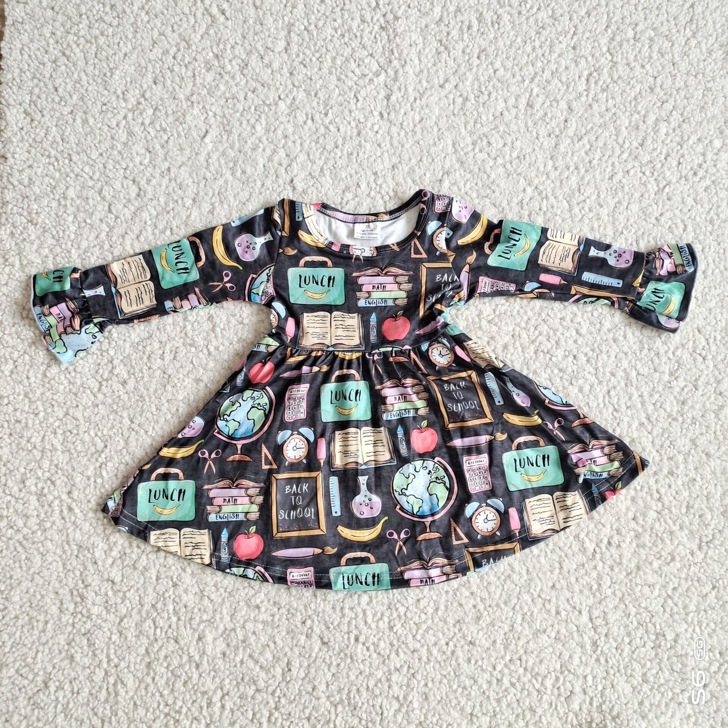 10.10 RTS NO MOQ(In stock)G2-24-1*;.' Baby Girls Winter Dress Black long-sleeved dress with book alarm clock