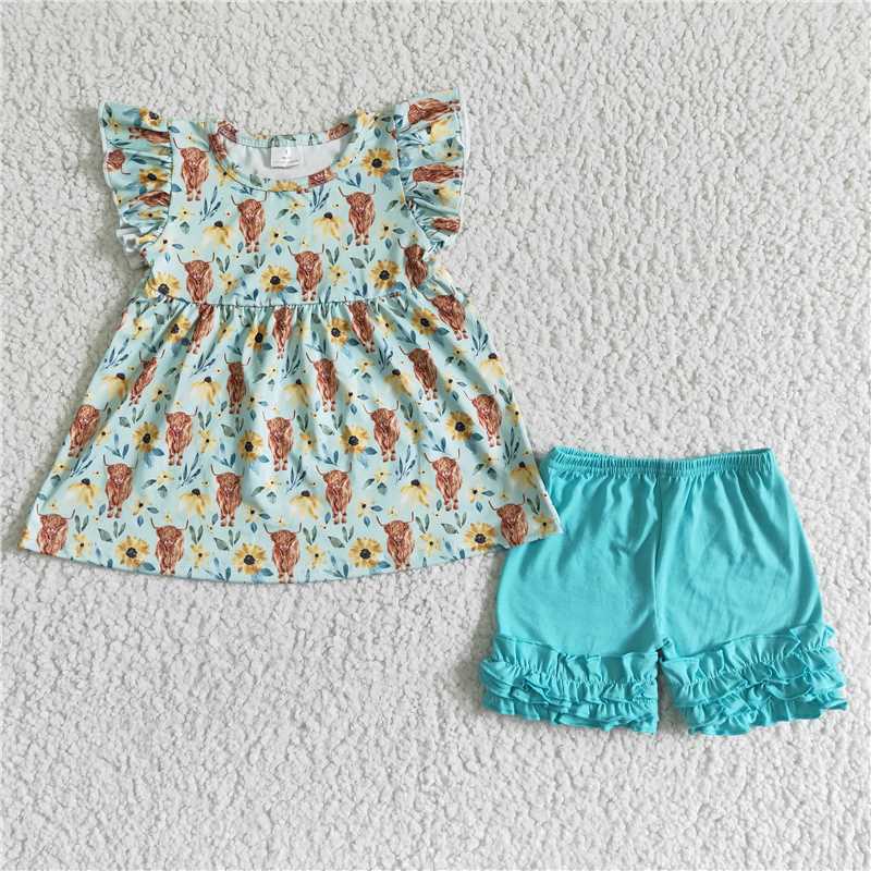 GSSO0106Highland cow icing ruffle shorts girls summer clothes