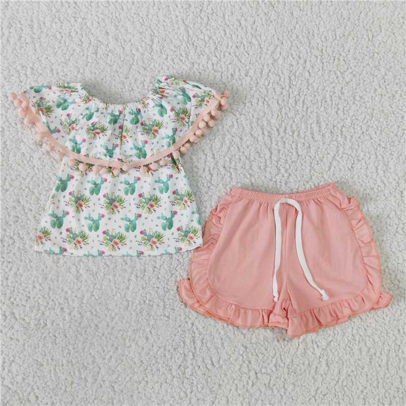 GSSO0103Cactus pom pom shirt ruffle shorts girls summer outfits