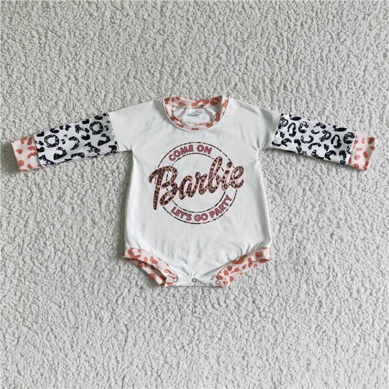 LR0010Leopard long sleeve white let's go party baby girls romper