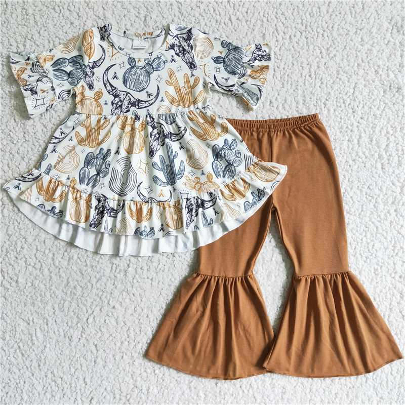 GSPO0113Cactus tunic brown bell bottom pants girls western set