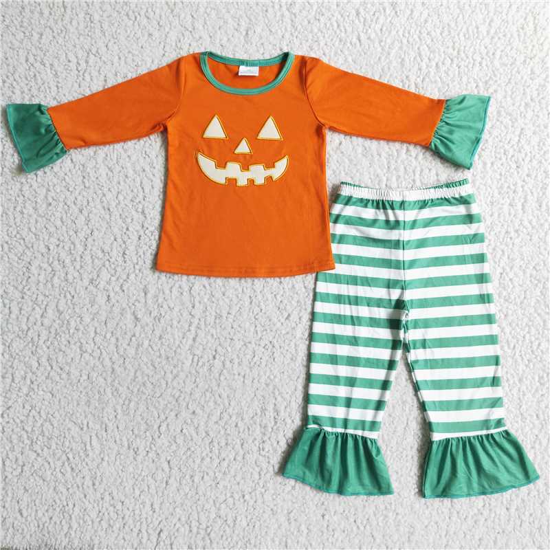 GLP0020Orange pumpkin embroidery kids girls halloween pajamas