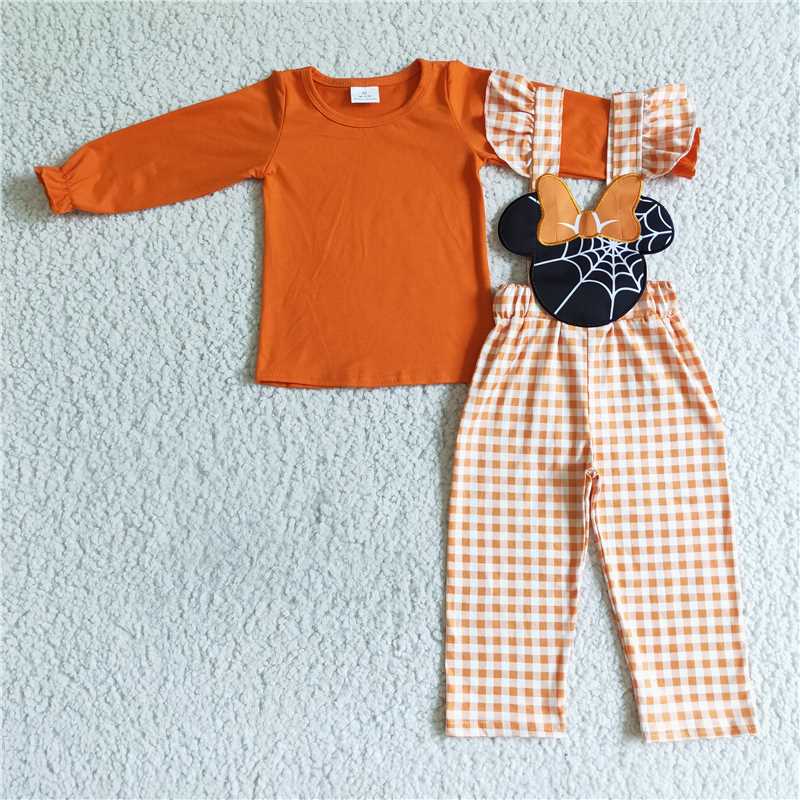 GLP0067Orange shirt mouse embroidery overalls girls Halloween clothes