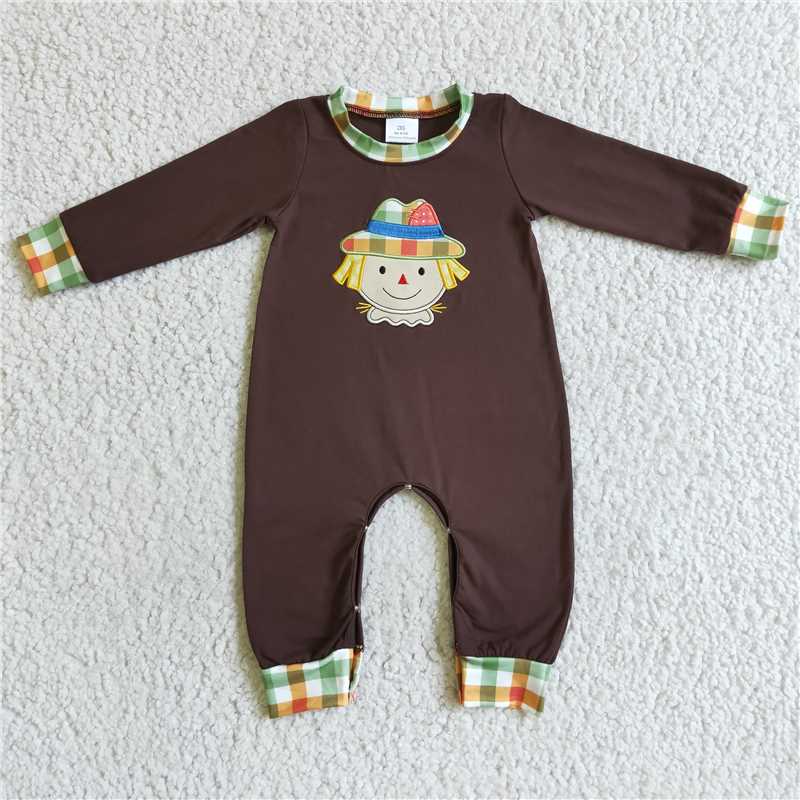 LR0034Scarecrow embroidery brown plaid baby boy Thanksgiving romper