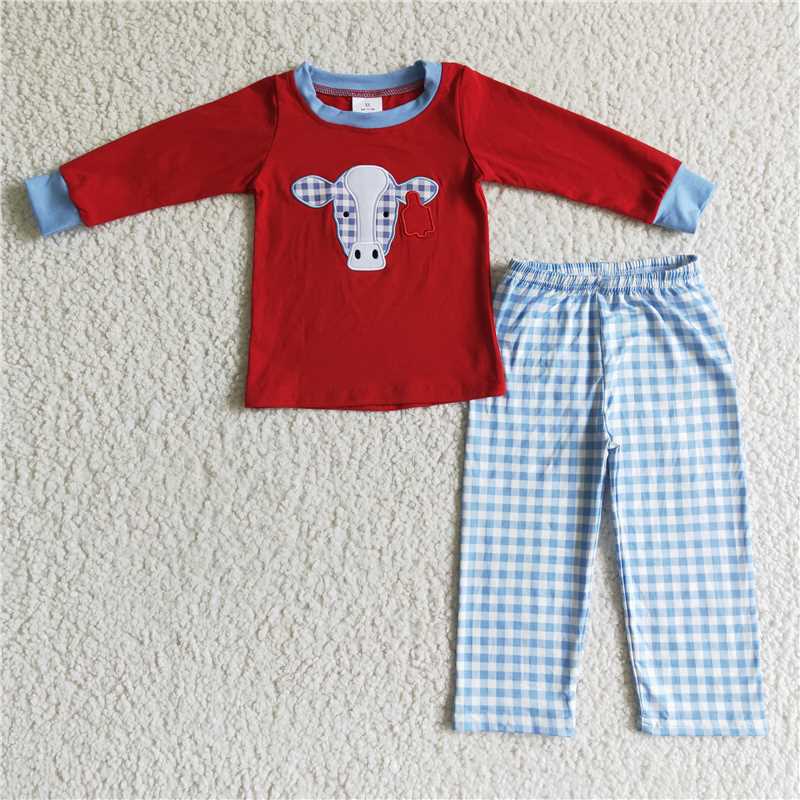 BLP0019Plaid cow embroidery shirt pants boy clothing set