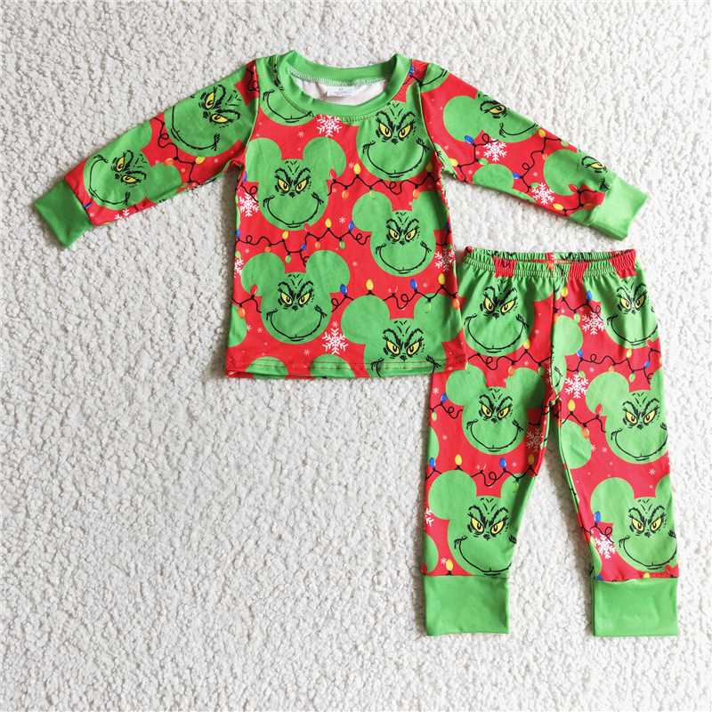 BLP0112Green face mouse kids boy Christmas pajamas