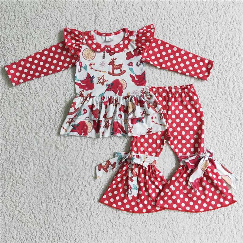 12.11 RTS NO MOQ (In stock)GLP0269 Baby girls Christmas santa tunic bell bottom pants clothes sets