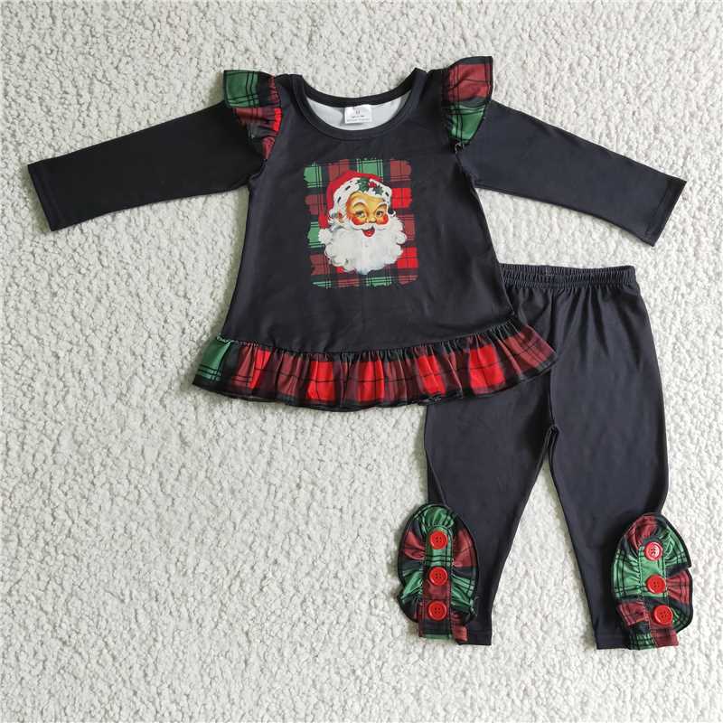 12.11 RTS NO MOQ (In stock)GLP0259 Baby girls black red plaid santa Christmas ruffle pants clothes sets