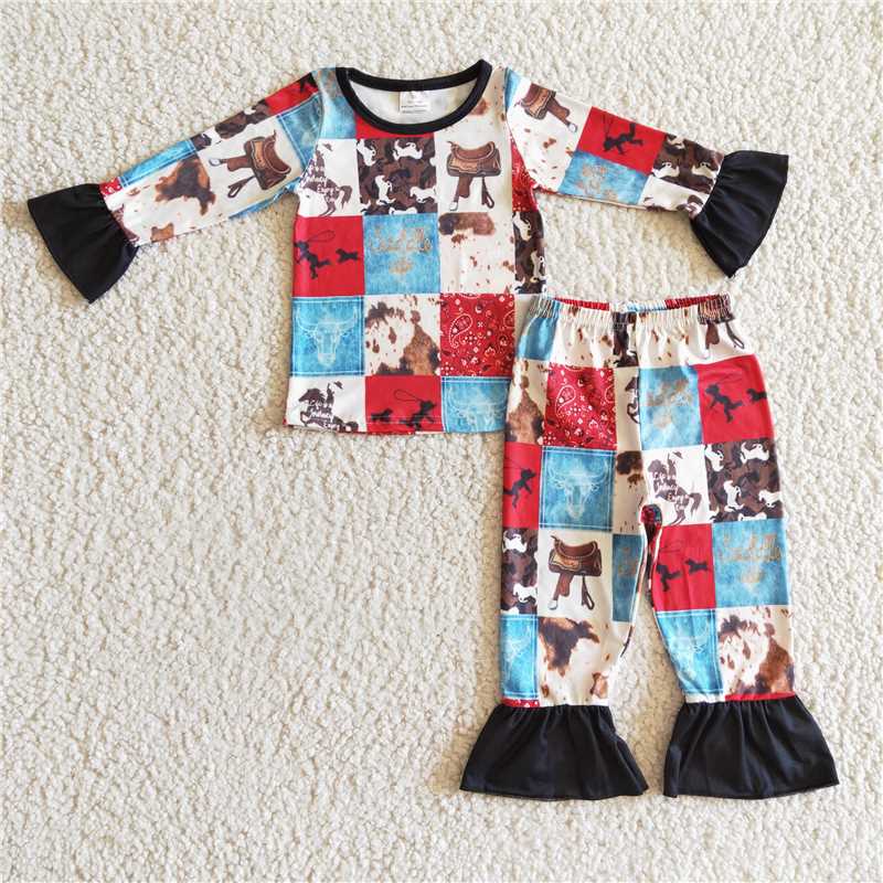 GLP0339Paisley horse cow patchwork kids girls western pajamas