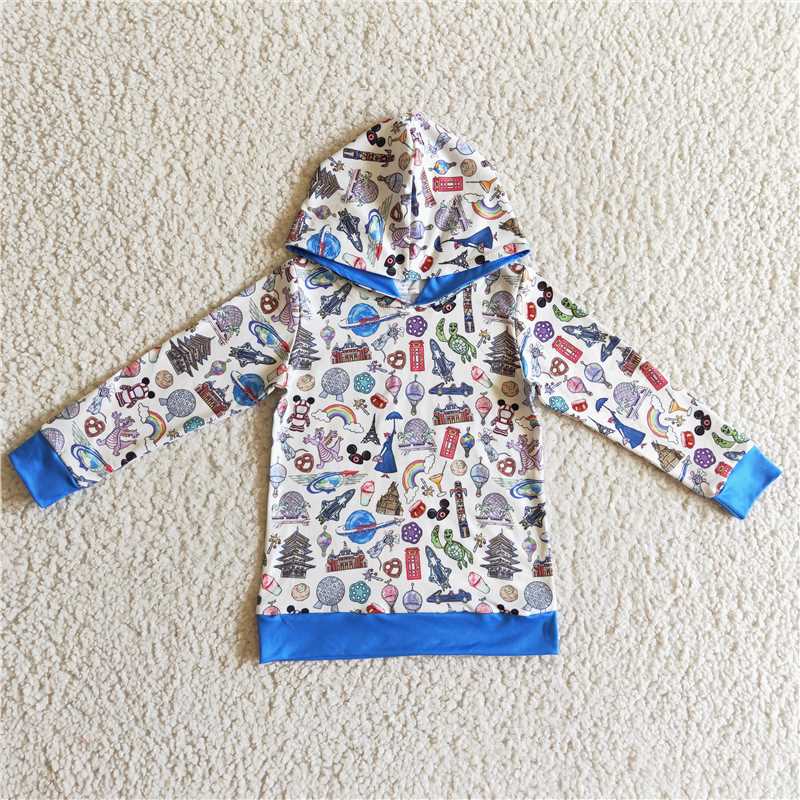 BT0118 Boys Mickey Castle blue hooded long-sleeved top
