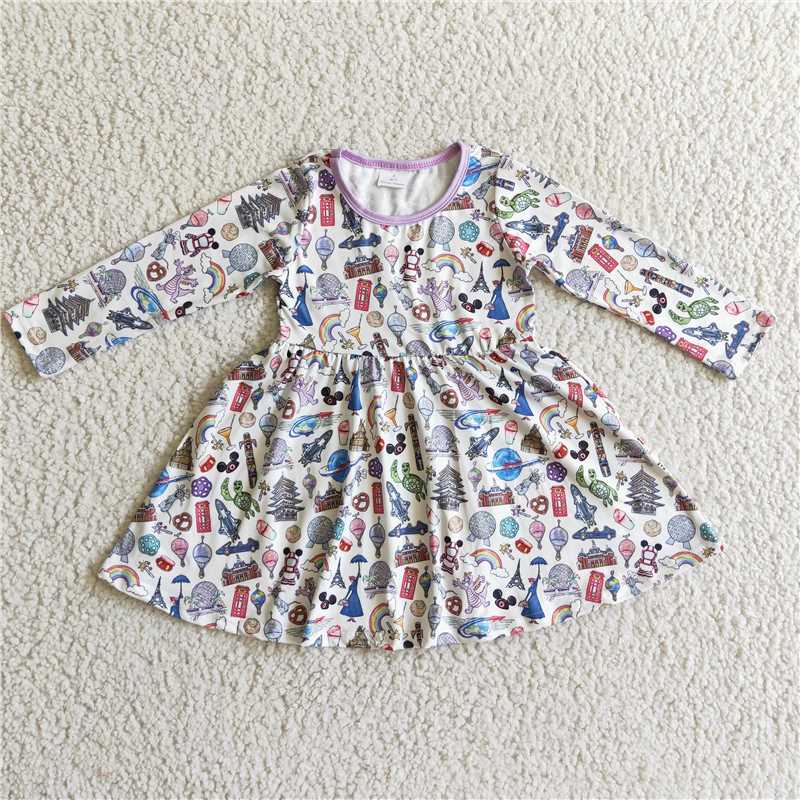 GLD0160 Baby Girls Cartoon Twirl Knee Length Dresses