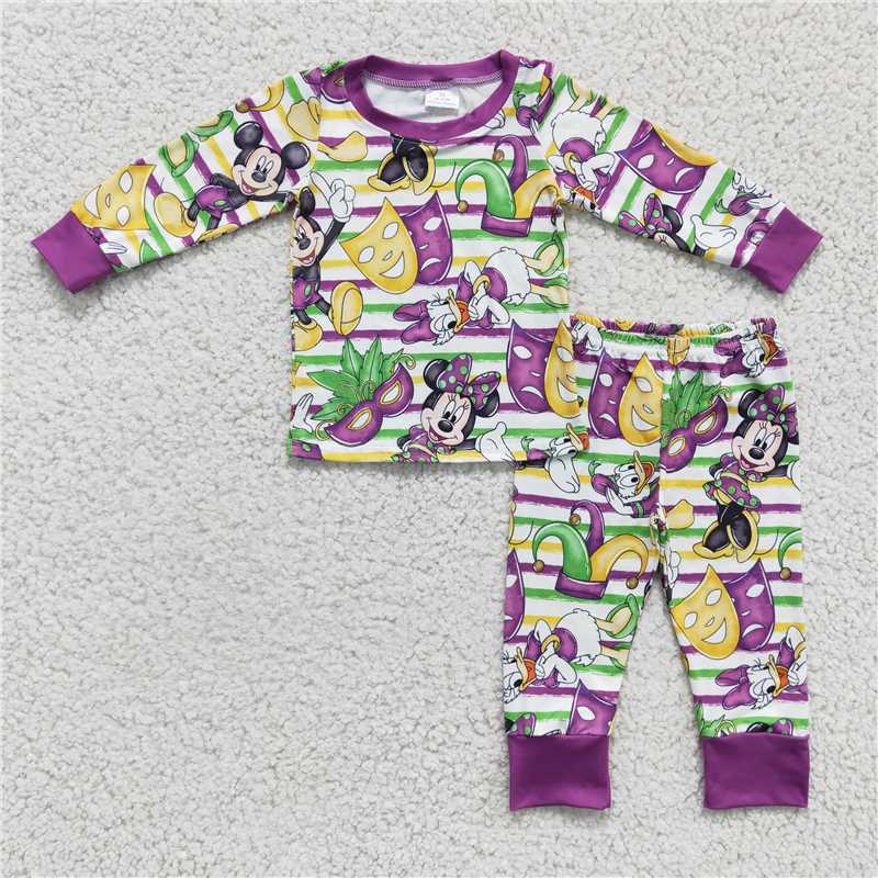 BLP0139 Mardi gras green purple yellow stripe mouse kids boy pajamas