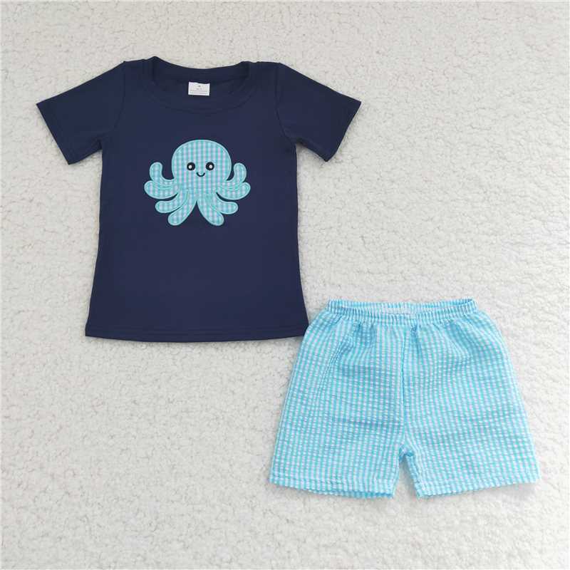 BSSO0088 Sales New RTS No Moq Promotion Embroidery shirt seersuck shorts kids boy summer outfits