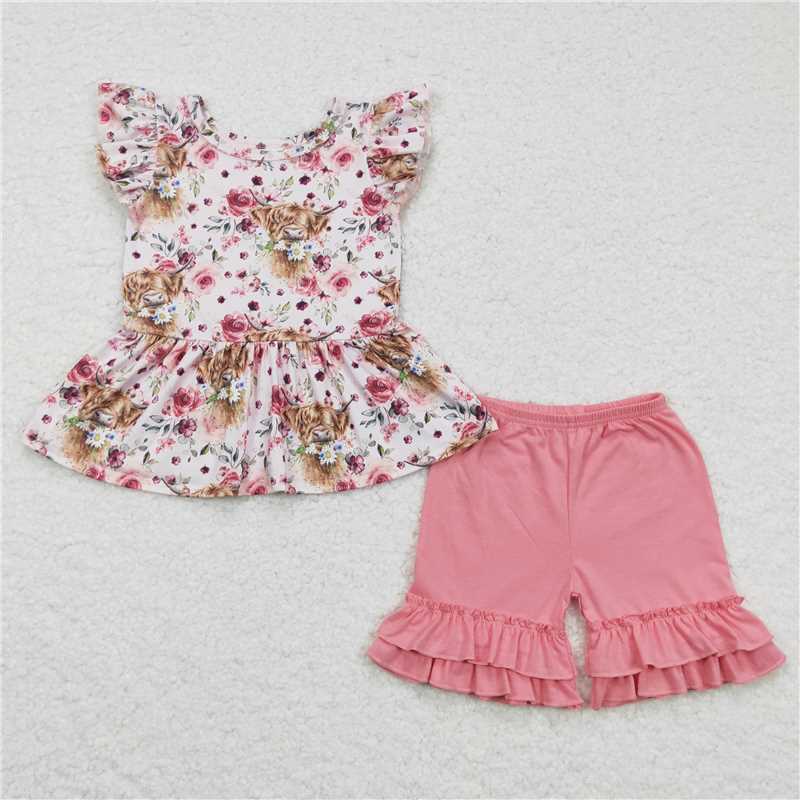 GSSO0133Highland cow floral peplum ruffle shorts girls western summer outfits