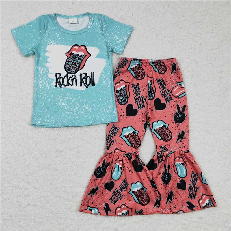 GSPO0255 Girls Rockn Roll Big Tongue Blue Short Sleeve Long Pants Set