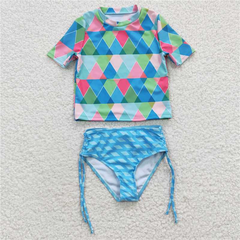 S0114 Baby Girls Colorful Aztec Short Sleeve 2 pieces Swimsuits