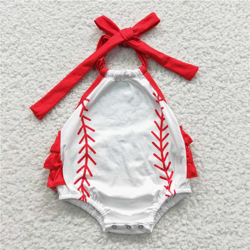 SR0327 Baby Girls Baseball Halter Summer Bubble Rompers