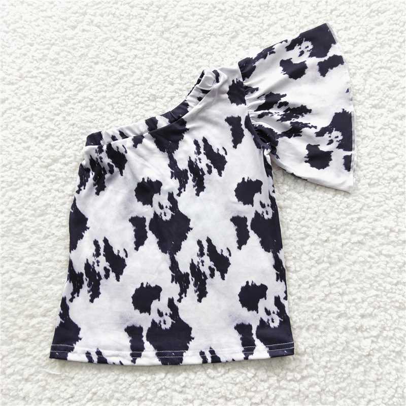 GT0168 Baby Girls Cow Western One Shoulder Shirts Tops