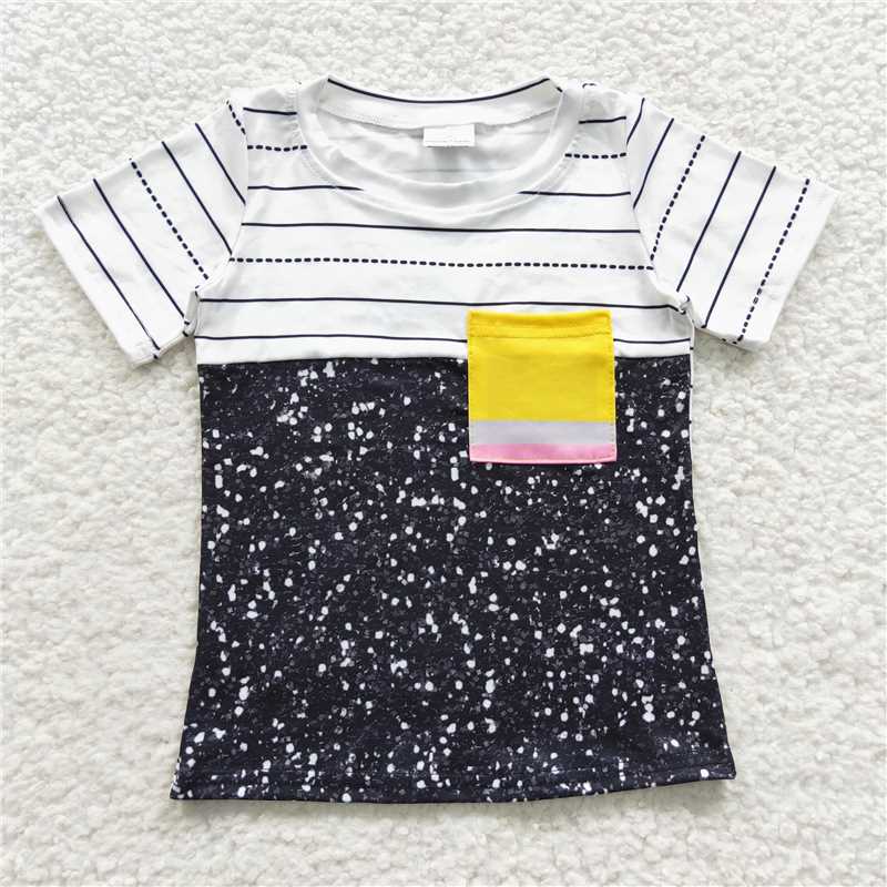 12.30 RTS NO MOQ (In stock)BT0235 Baby Boys Back To School Pencil Pocket Short Sleeve Shirts Tops
