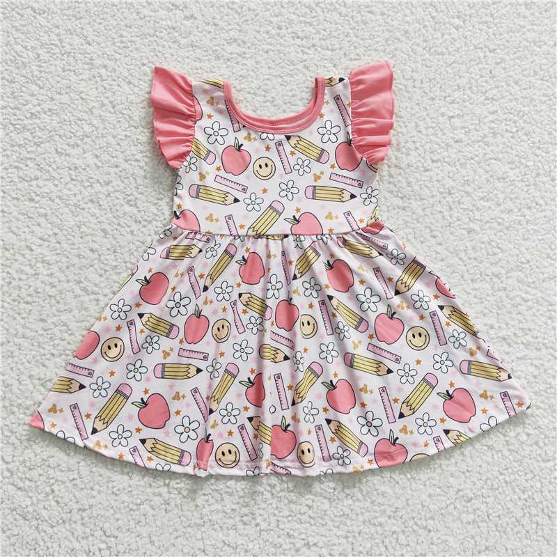 GSD0406 Pencil Apple Smiley Face Flower Pink Flying Sleeve Dress