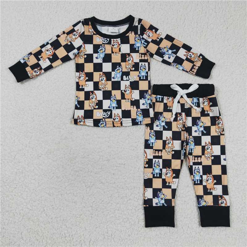 BLP0190Plaid dogs long sleeves baby kids pajamas