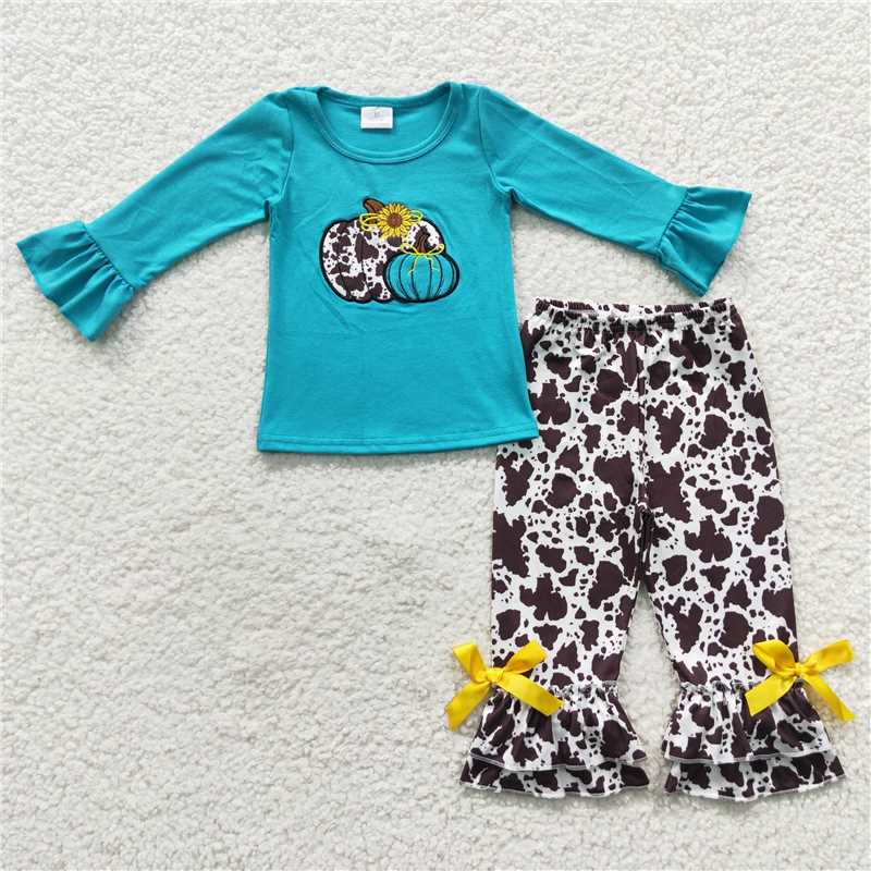 GLP0461Turquoise cow pumpkin western girls fall clothes